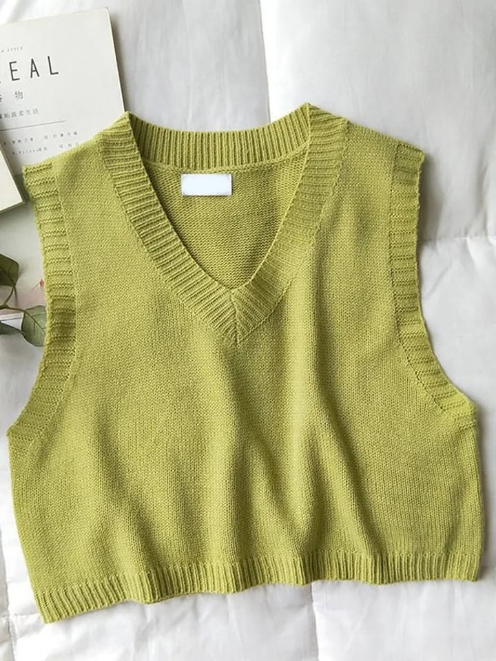 Green V Neck Knit Sweater Vest