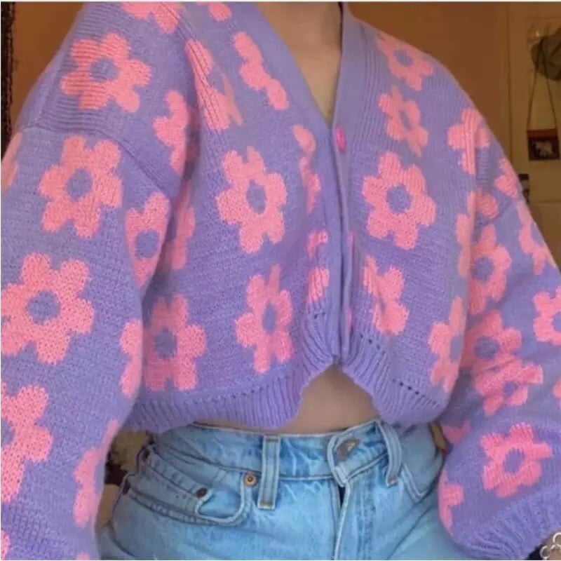 Cute Vintage 90s Purple Pink Flowers Cardigan Long Sleeve Shirt Top V Neck Sweater Jumper Aesthetic E-Girl Kawaii Korean Japanese Harajuku Streetwear