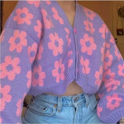 Cute Vintage 90s Purple Pink Flowers Cardigan Long Sleeve Shirt Top V Neck Sweater Jumper Aesthetic E-Girl Kawaii Korean Japanese Harajuku Streetwear