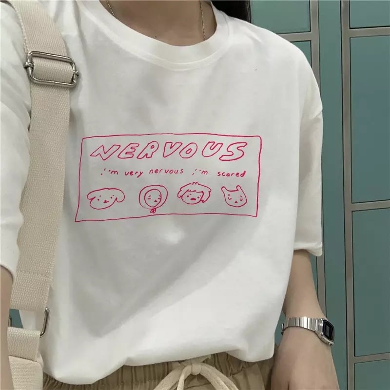 White Nervous Animal Graphic Cartoon Print Loose Oversized Short Sleeve T-shirt Top Summer Causal E-Girl Kawaii Korean Japanese Harajuku Streetwear