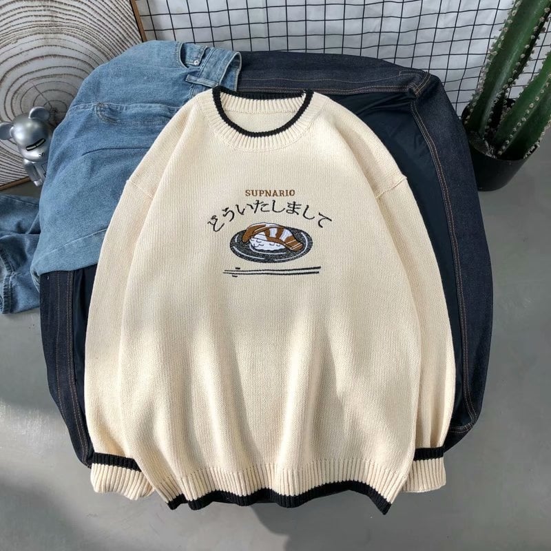 Cute Sushi Fish Knit Soft Long Sleeve Hoodie Oversized Loose Sweater Sweatshirt Pullover Jumper E-Girl Kawaii Korean Japanese Harajuku Streetwear