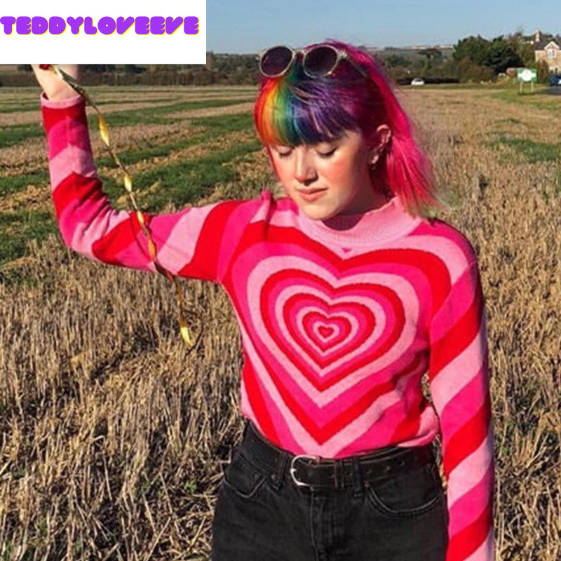 Cute Sweet 90s Hot Pink Heart Striped Long Sleeve Knit Top Sweater Sweatshirt Pullover Jumper Autumn E-Girl Kawaii Korean Japanese Harajuku Streetwear