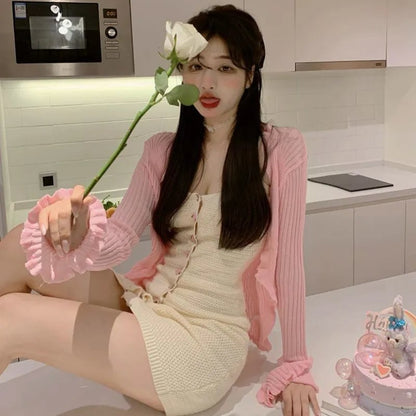 2PCS Rose Button Knit Dress + Cardigan