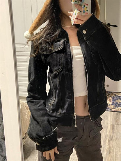 Black Denim Turn Down Collar Jacket