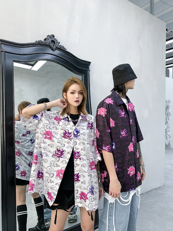 Funny Anime Genger Graphic Cartoon Print Loose Button Down Short Sleeve Short T-shirt Top Causal E-Girl Kawaii Korean Japanese Harajuku Streetwear