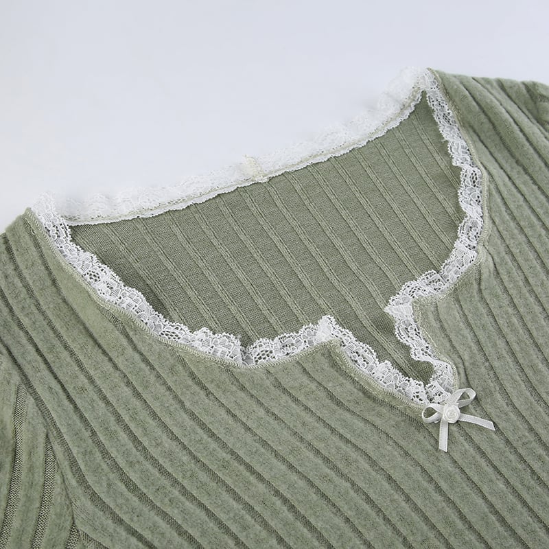 Green Lace Split Patchwork Long Sleeve T-shirt