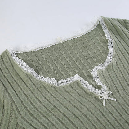 Green Lace Split Patchwork Long Sleeve T-shirt