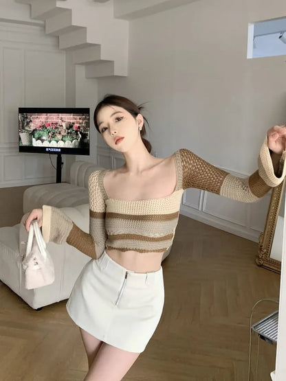 Brown Crochet Bell Sleeve Cut Out Long Sleeve Shirt