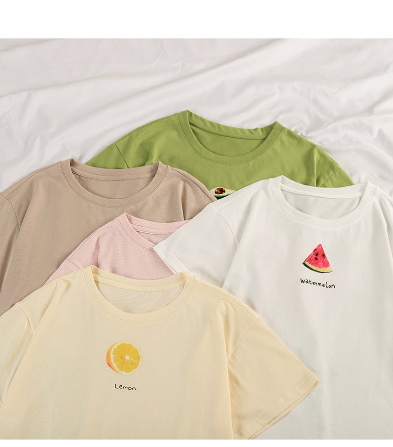 Cute Summer Casual Fruit Print O Neck Short Sleeve Tee Shirt T-shirt Top Loose Oversized E-Girl Kawaii Korean Japanese Harajuku Retro Streetwear