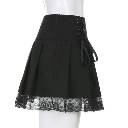Black Bow Lace Up Pleated Mini Skirt
