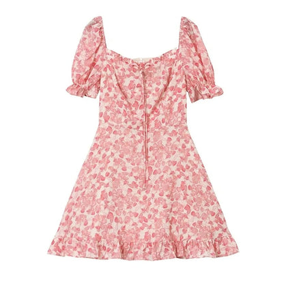 Pink Flower Ruffle Puff Sleeve Dress