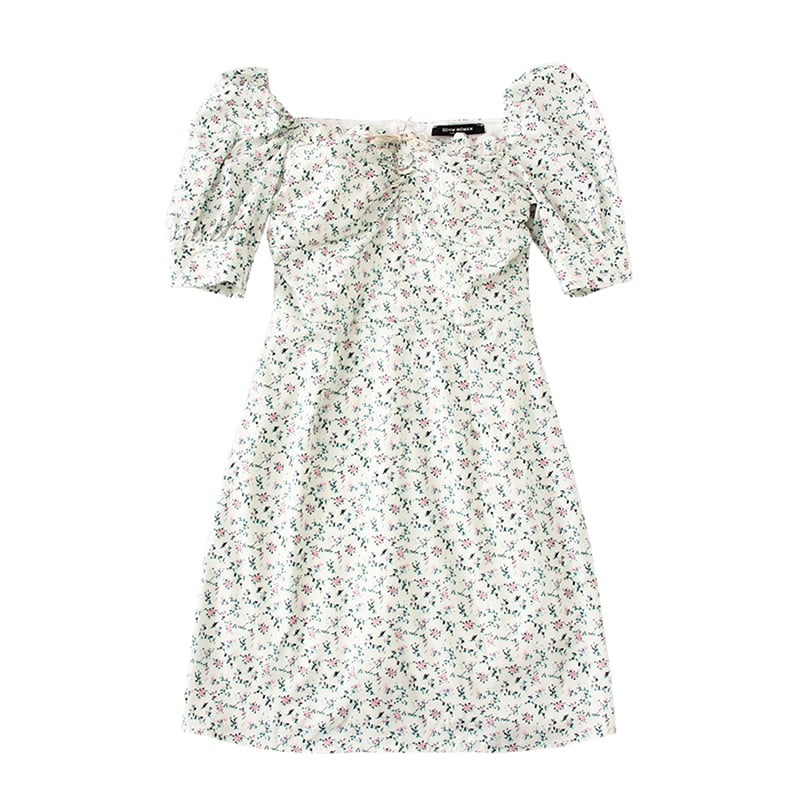 Cute Boho Tie Neck Floral Print Puff Sleeve Mini Dress Kawaii Korean Japanese Harajuku Chinese Retro Streetwear Aesthetic Fashion