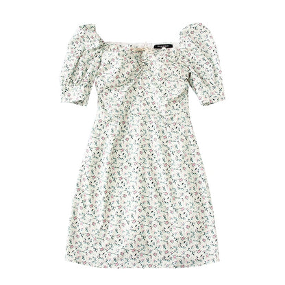 Cute Boho Tie Neck Floral Print Puff Sleeve Mini Dress Kawaii Korean Japanese Harajuku Chinese Retro Streetwear Aesthetic Fashion