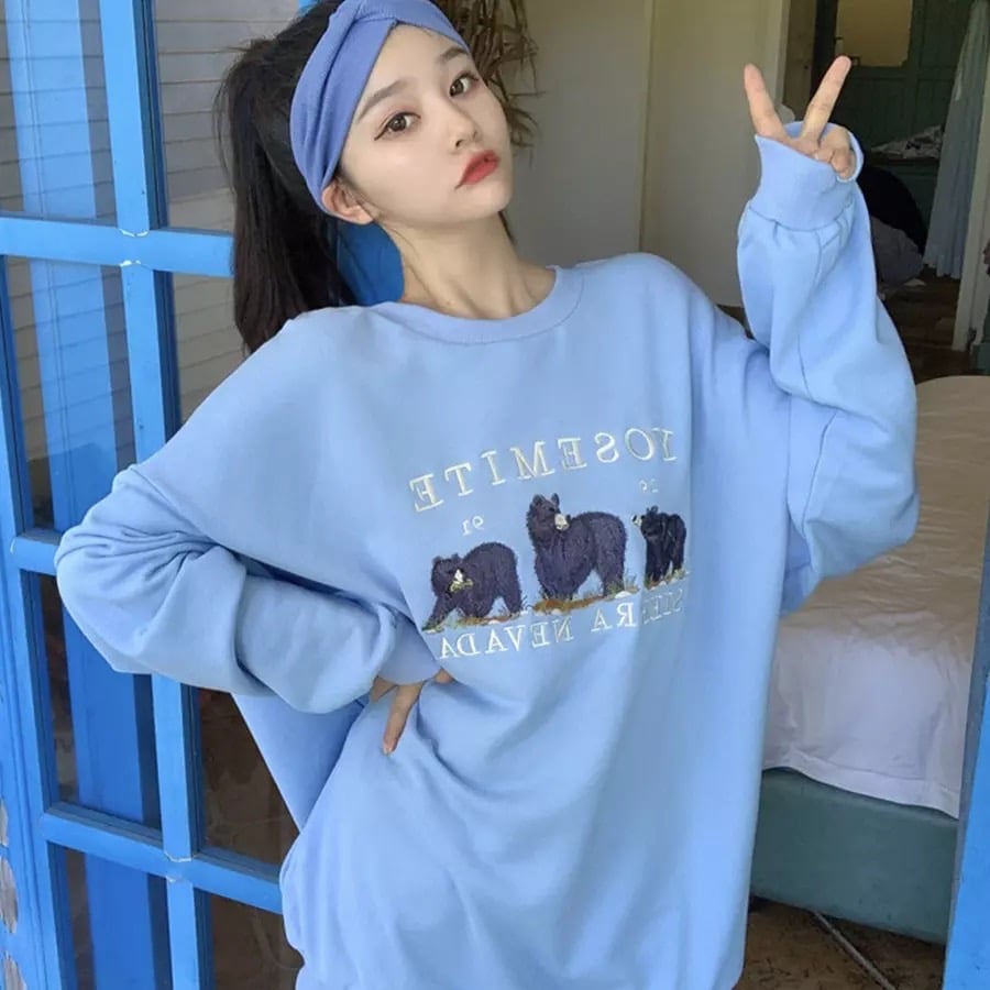 Vintage Bear Embroidery Sweatshirt Causal Long Sleeve Shirt Crew Neck Oversize Loose Sweater E-Girl Kawaii Korean Japanese Harajuku Streetwear