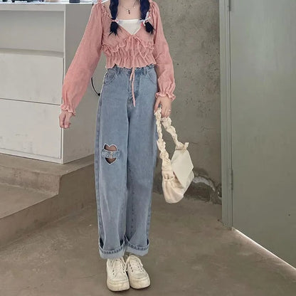 Heart Cut Out Buckle Light Blue Jeans