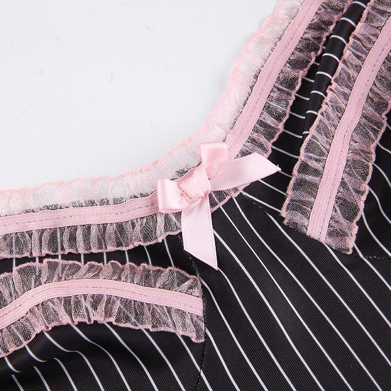 Cute Sexy 90s Black Pink Lace Trim Striped V Neck Mini Dress Dark Academia Aesthetic Goth E-Girl Kawaii Korean Japanese Harajuku Streetwear