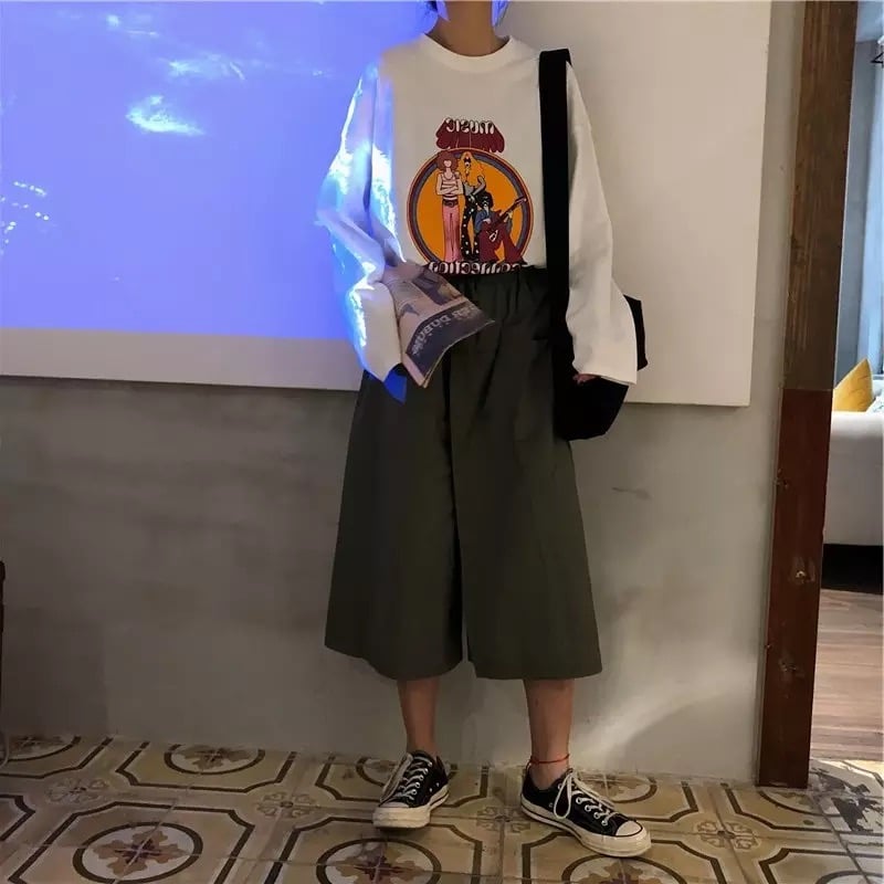 Cute White Music Band Cartoon Print Oversize Loose Long Sleeve Shirt Top T-shirt O Neck Casual E-Girl Kawaii Korean Japanese Harajuku Streetwear
