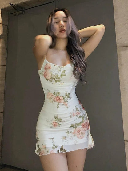Floral Mesh Ruched Bodycon Dress