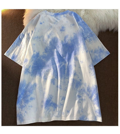 Cute Vintage Retro 90s Tie Dye Aesthetic Bear Short Sleeve Tee Shirt Top Oversize Loose Summer E-Girl Kawaii Korean Japanese Harajuku Streetwear