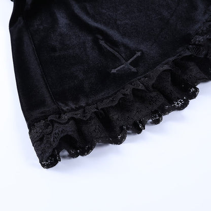 Cute Sexy Goth Black Cross Skirt Vintage Lace Trim A-Line Grunge Punk High Waist Ruffle Summer E-Girl Kawaii Korean Japanese Harajuku Streetwear