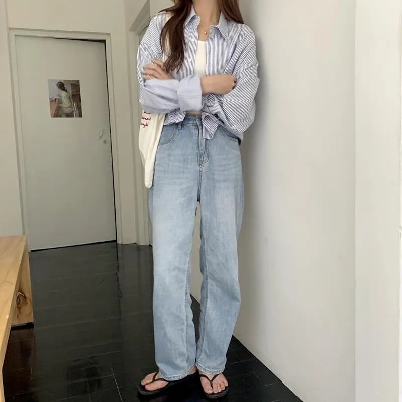 Blue Stripe Cropped Long Sleeve Shirt