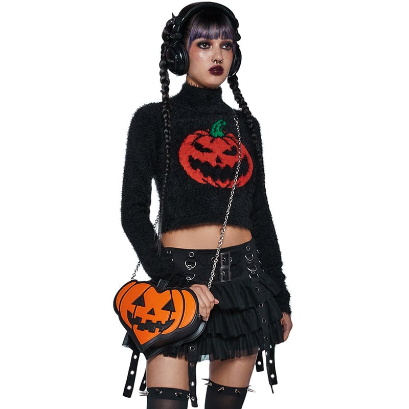 Black Fluffy Pumpkin Turtleneck Sweater
