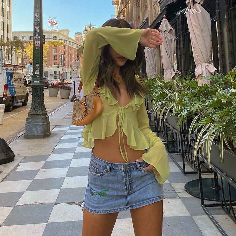 Green Sheer Flare Long Sleeve V Neck Blouse