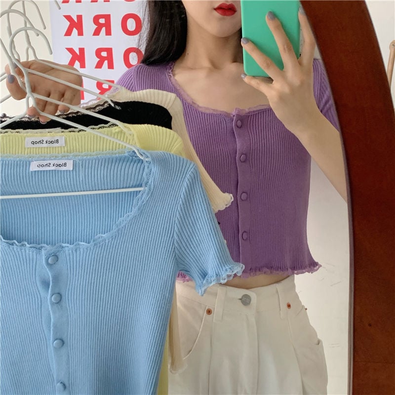 Yellow Lace Knit Short Sleeve Top