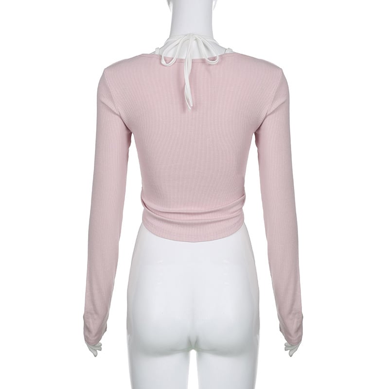 Pink Lace Patchwork Button Crop Top