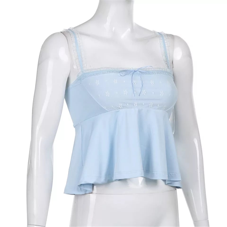 Blue Square Neck Elegant Ruffle Hem Camisole