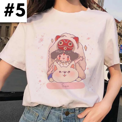 Cute Japanese Anime Cartoon Graphic Print Loose White Short Sleeve Shirt