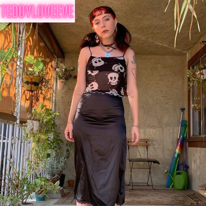 Cute Spider Skull Mesh Transparent See Through Camisole Tank Crop Top Sleeveless Goth Punk Casual E-Girl Kawaii Korean Japanese Harajuku Streetwear