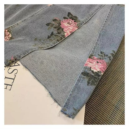 Cute Vintage Flowers Print Maxi Denim Skirt High Waist Open Split Straight Summer Aesthetic Casual E-Girl Kawaii Korean Japanese Harajuku