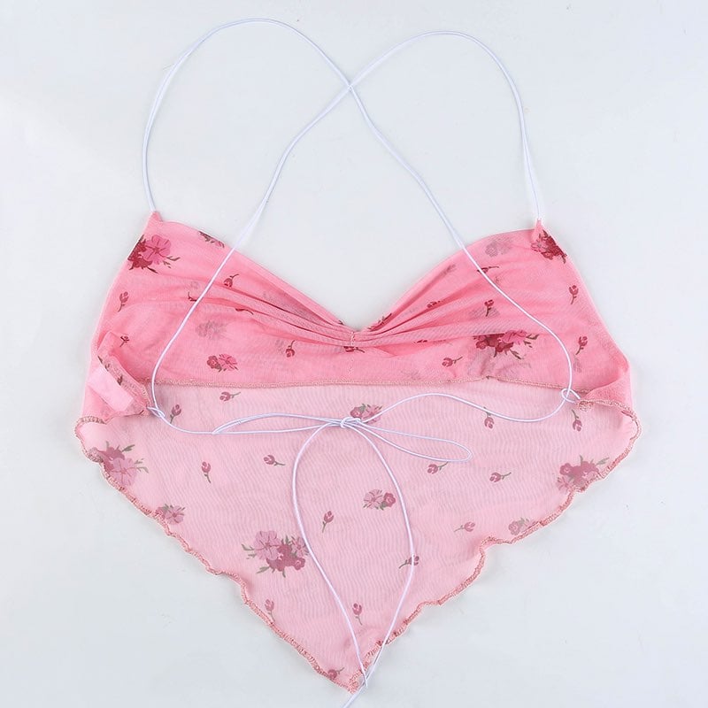 Cute Pink Blue Flower Print Mesh Halter Crop Top Blouse Sleeveless Shirt Club Party Summer Casual E-Girl Kawaii Korean Japanese Harajuku Streetwear