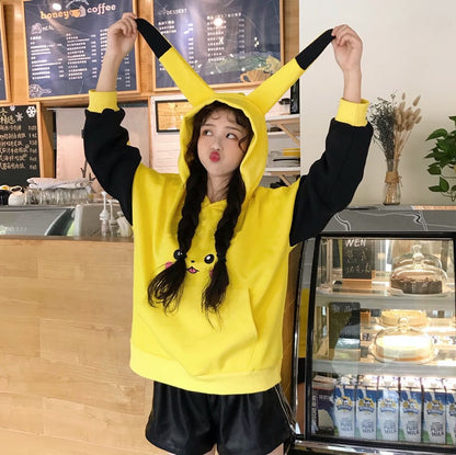 Cute Yellow Pikachu Anime Cartoon Long Ears Oversized Casual Hoodie Sweater Sweatshirt Pullover E-Girl Kawaii Korean Japanese Harajuku Streetwear