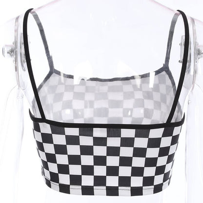 Cute Sexy Black White Checkered Plaid Tank Cami Crop Top Shirt Tee T-shirt E-Girl Kawaii Korean Japanese Harajuku Chinese Retro Streetwear Aesthetic