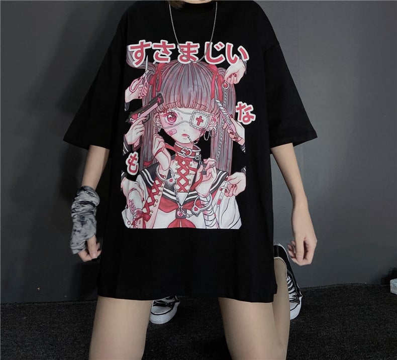 Cute Japanese Girl Punk Goth Print Oversized Short Sleeve Shirt Tee T-shirt E-Girl Kawaii Korean Japanese Harajuku Retro Streetwear Aesthetic