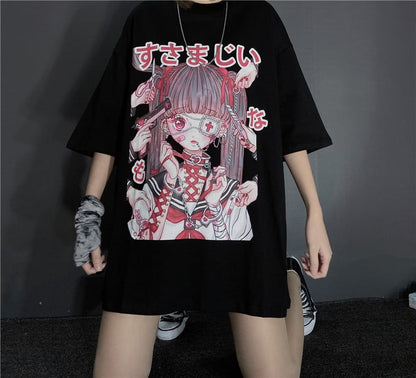 Cute Japanese Girl Punk Goth Print Oversized Short Sleeve Shirt Tee T-shirt E-Girl Kawaii Korean Japanese Harajuku Retro Streetwear Aesthetic