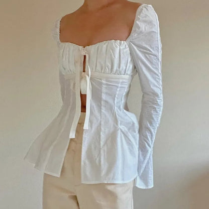 Square Collar Lace Up Flare Sleeve Shirt