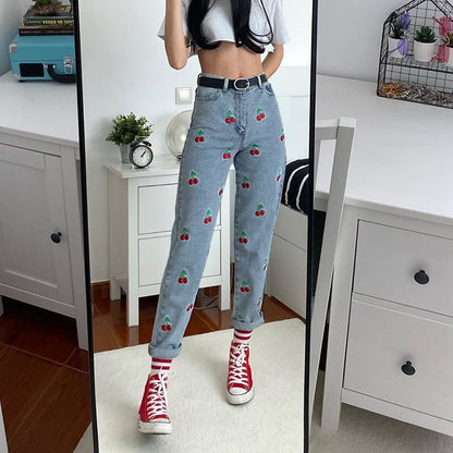 Cute Sweet Vintage Cherry Embroidery Light Washed Blue Denim Jeans High Waisted Cargo Slim Bottom E-Girl Kawaii Korean Japanese Harajuku Streetwear