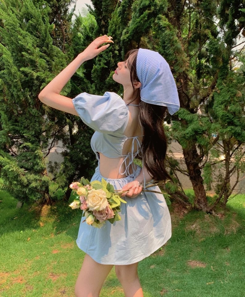 Cute Blue French Square Neck Puff Sleeve Backless Bandage Mini Dress Summer Aesthetic Casual E-Girl Kawaii Korean Japanese Harajuku