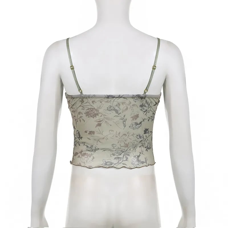 Floral Print Lace Trim Mesh Crop Top