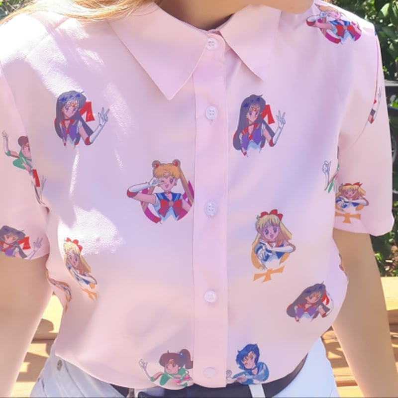 Pastel Anime Girl Japanese Print Cartoon Button Down Short Sleeve Shirt