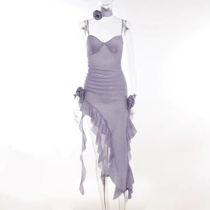 Purple Glitter Flower Frill Split Midi Dress