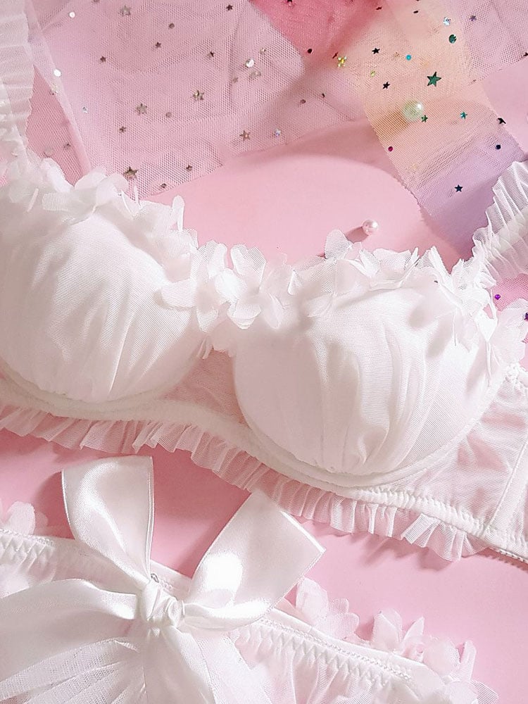 White Lace Petal Japanese Bra + Panties Lingerie