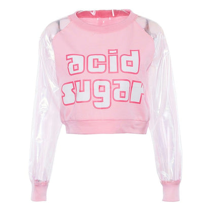 Pastel Pink Acid Holographic Laser Transparent Crop Top Long Sleeve Tee Shirt T-shirt Top Sweatshirt E-Girl Kawaii Korean Japanese Harajuku Streetwear