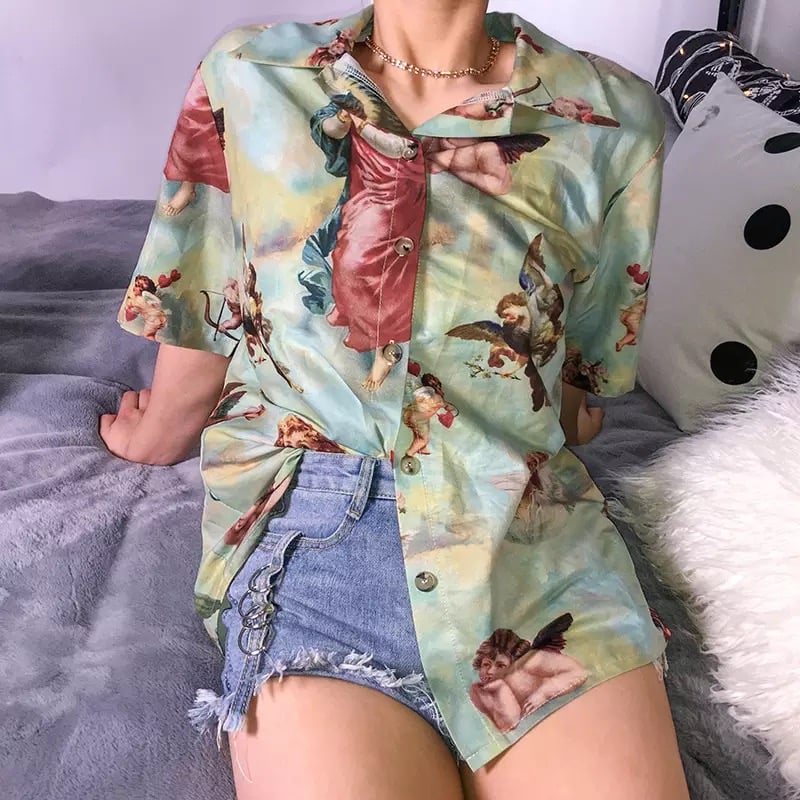 Classic Angel Print Loose Thin Shirt Blouse Summer Bottom Short Sleeve Tee Shirt T-shirt E-Girl Kawaii Korean Japanese Harajuku Streetwear