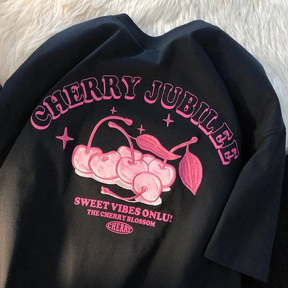 Cherry Embroidery Loose Short Sleeve T-shirt