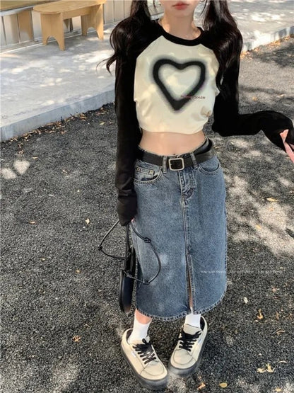Black Heart Patchwork Long Sleeve T-shirt