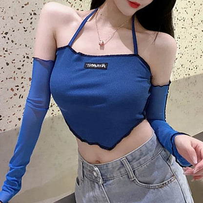 Blue Ribbed Off Shoulder Crop Top